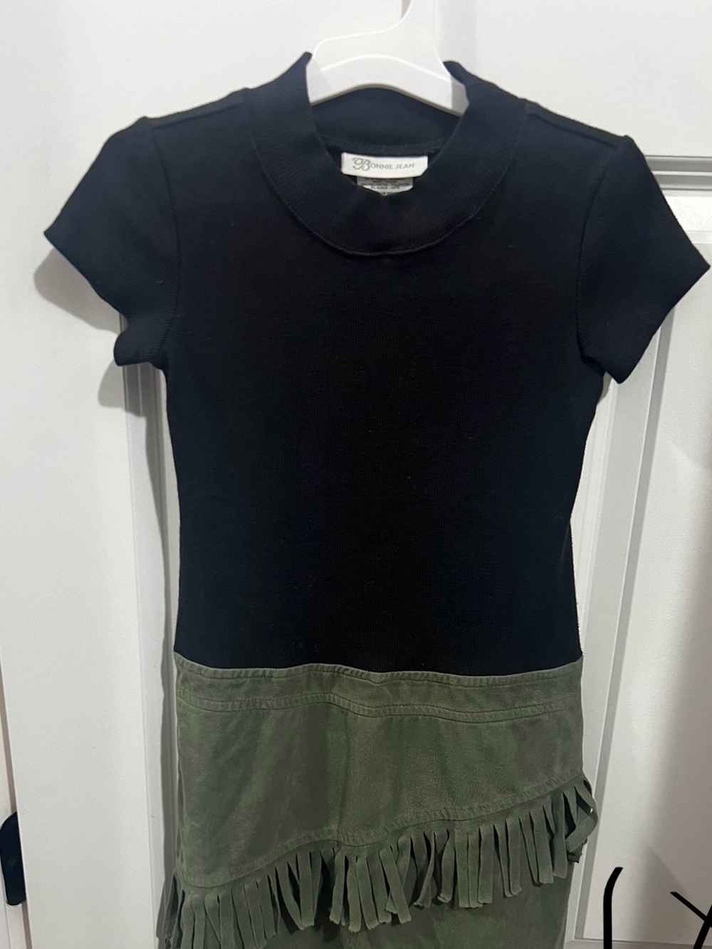 Bonnie Jean Black & Olive Short-Sleeve Fringe Dress
